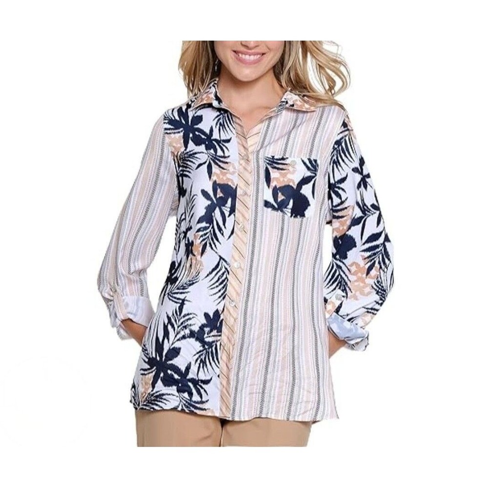 Multiples Button Up Down Shirt Womens Size 2X Roll Tab Palm Leaf Stripes Ikat